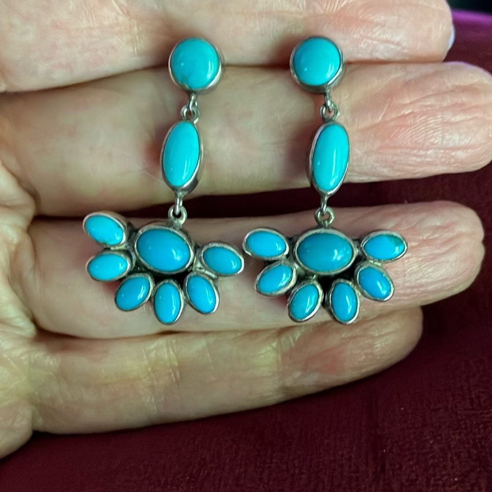Native American Dangle Sterling Silver and Turquoise Earrings